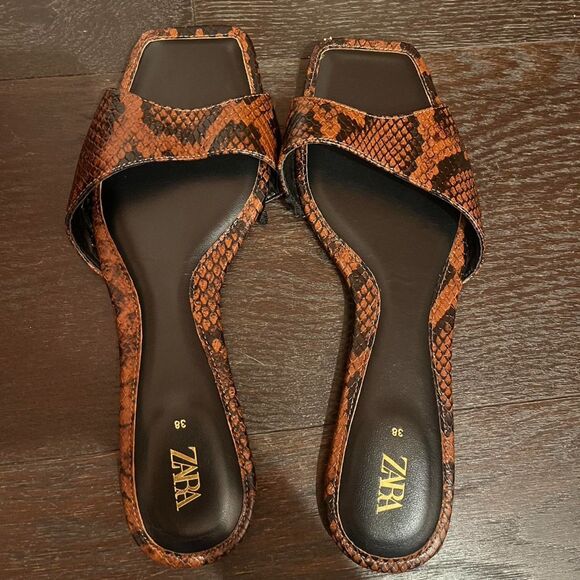 Zara Brown Black Leather Snakeskin Printed Square Open-Toe Slip-On Sandals (NWT) - Picture 1 of 3